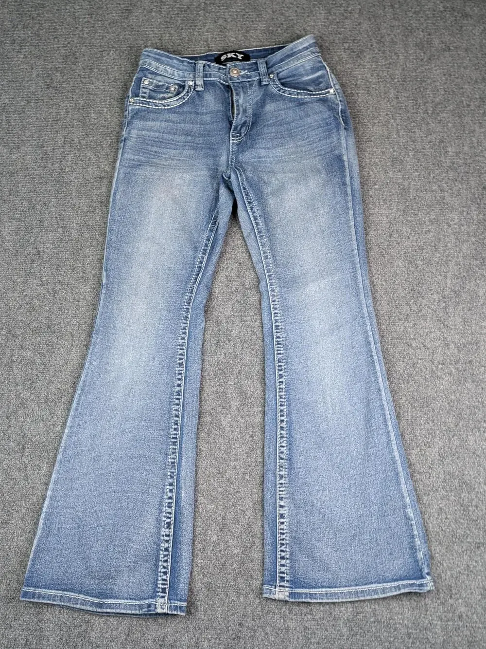 Sky Jeans Juniors 7/8 Blue Flare Low Rise Sparkle Butt Rhinestone Embroidered
